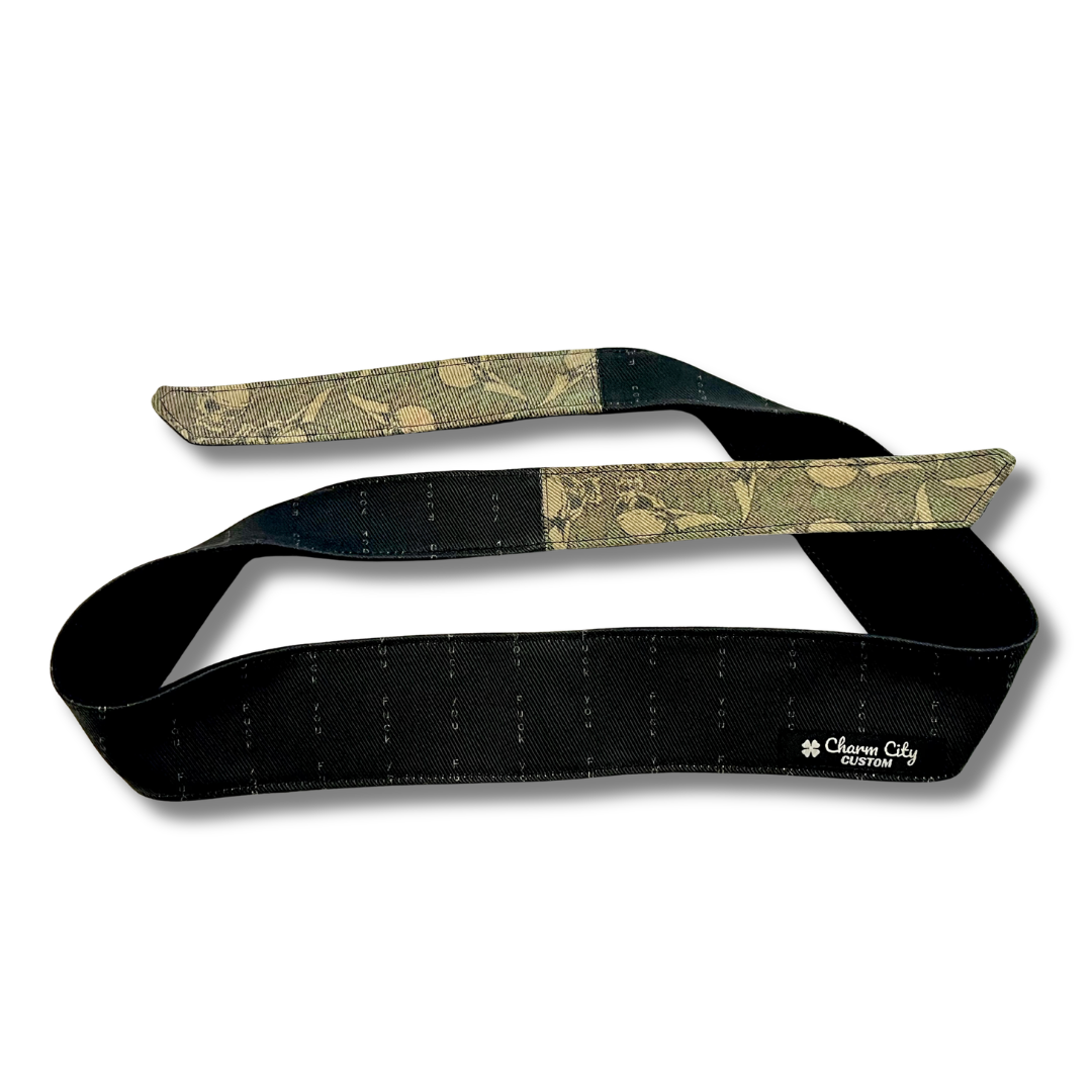 Custom black 10oz “F*CK You” print denim headband with vintage Flying Skulls tails