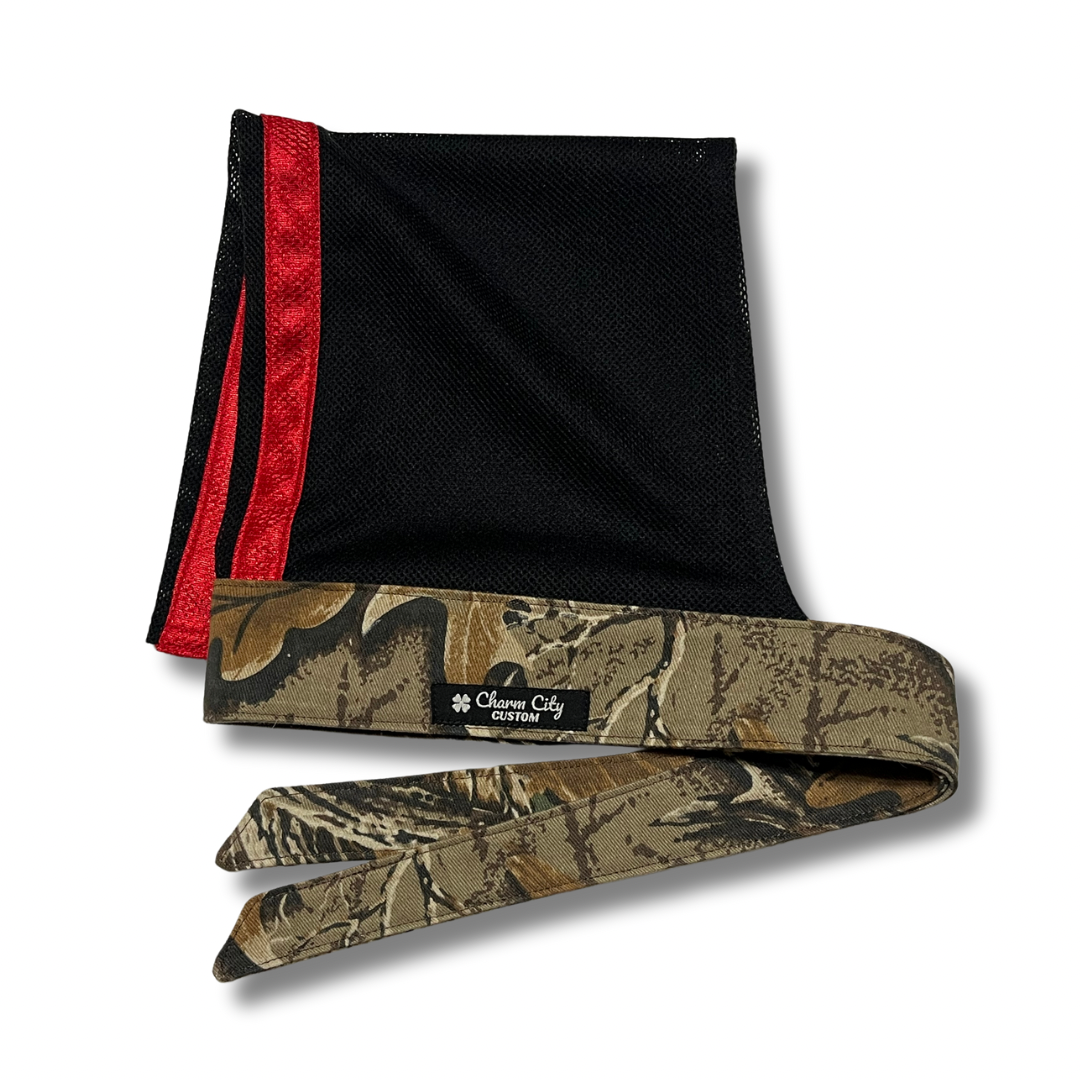 Advantage Classic full tie headband with striped black & red mesh