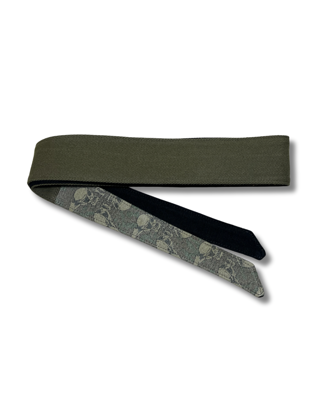 Custom olive denim headband with vintage Flying Skulls tails