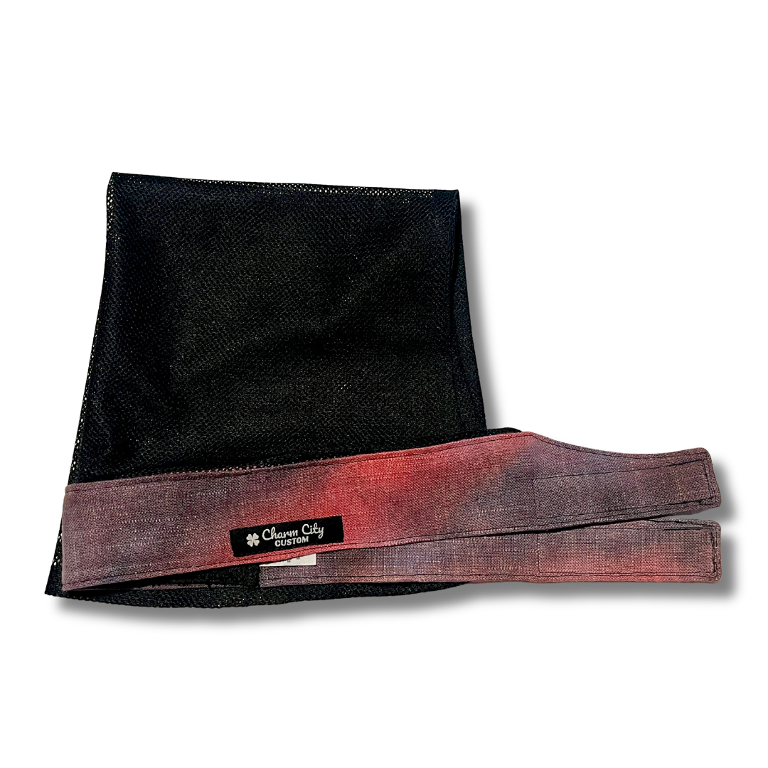 Custom hand dyed "Embers" faded linen Velcro band with black diamond mesh