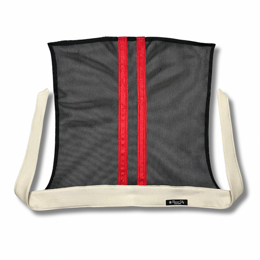 Custom Ivory woven cotton headband with striped red & black mesh