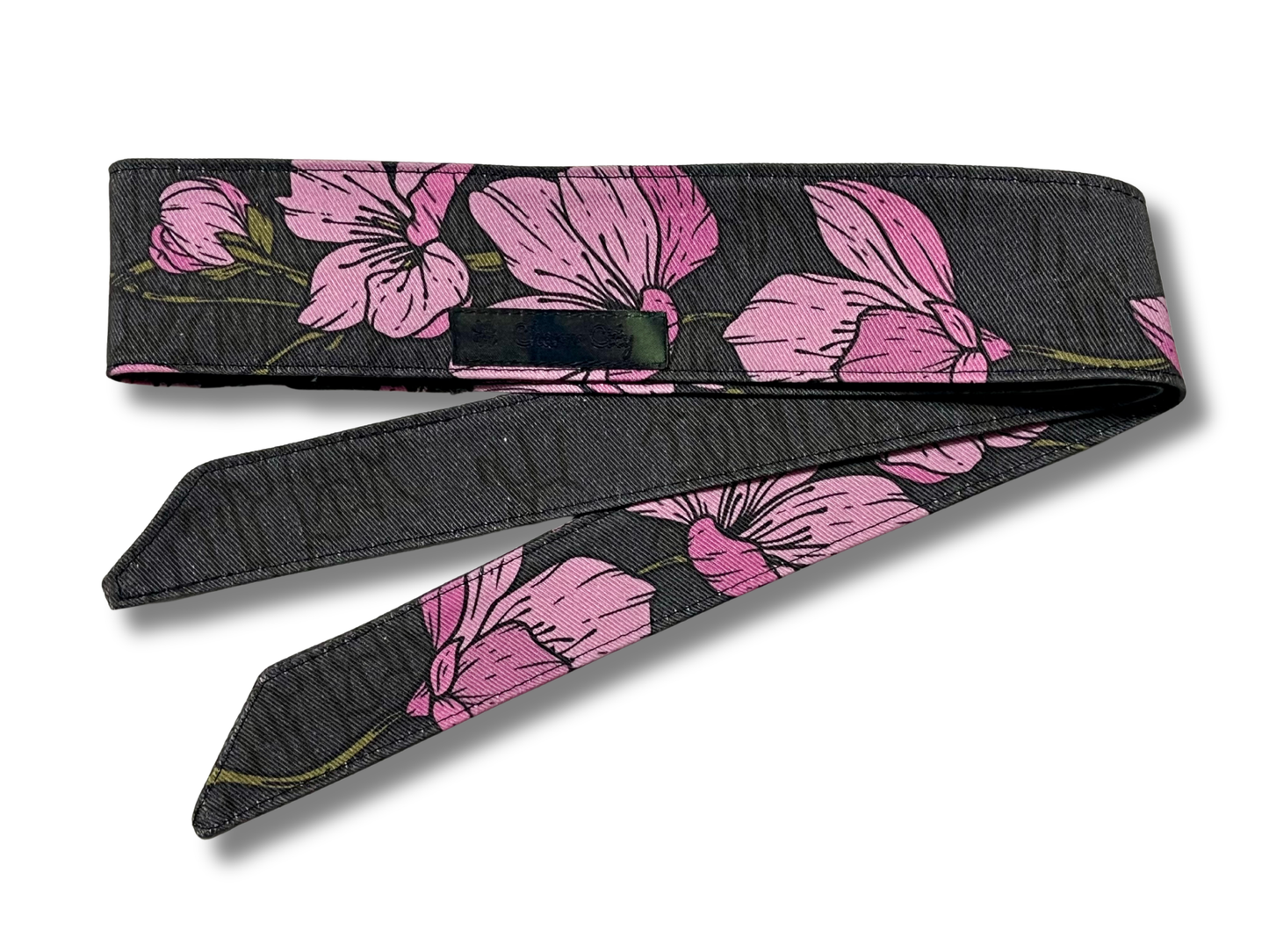 Custom dark charcoal grey and pink Sakura 10oz denim headband